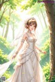 A woman in a wedding dress standing in the woods.