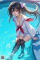 A girl in a sailor outfit sitting in a pool.