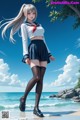 A girl in a school uniform standing on a beach.